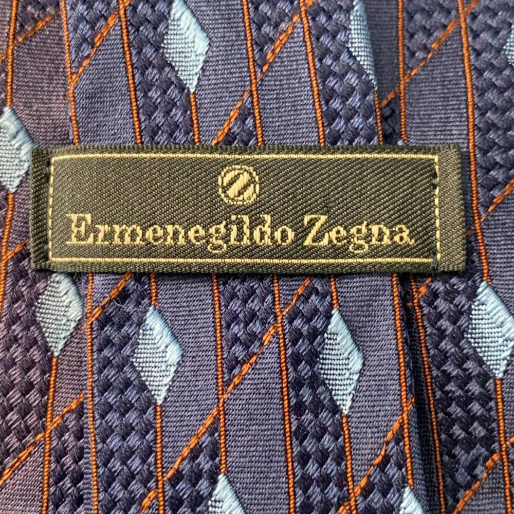 ERMENEGILDO ZEGNA Navy‎ Silk Embroidered Slate Blue Diamond Neck Tie